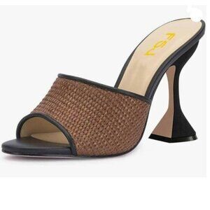 FSJ Black High Heel Mules Open Toe Woven Wide Strap Backless Walking Shoes